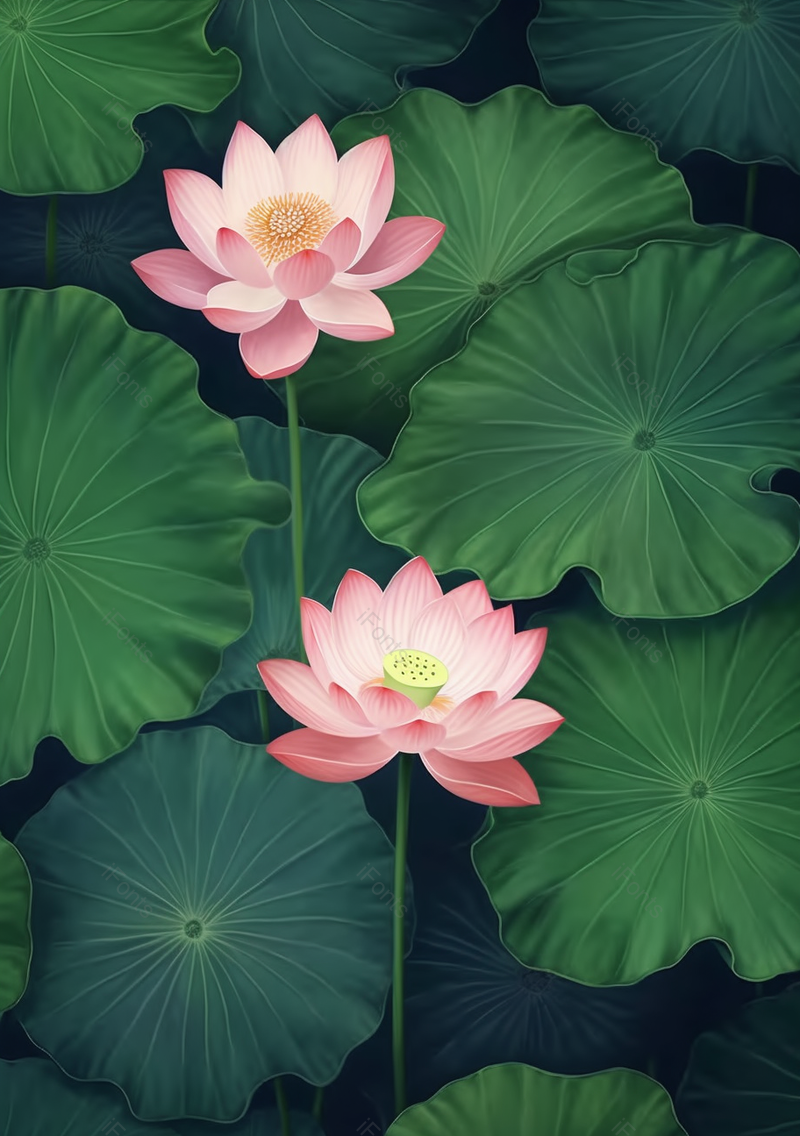 夏日的池塘里的荷花与荷叶自然插画壁纸背景,插画/手绘图,插画/手绘图库,插画/手绘图下载,插画/手绘